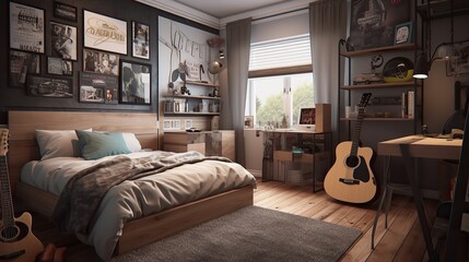 Hyper-detailed, photorealistic interior design of a teenager's boy room, captured in AI-generated, neural representation
