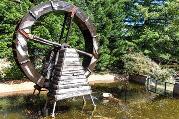 Old Wooden Mill Wheel, Treelined Water Pond Lagoon.  Sunny Day, Puerto Peulla Lago Todos Los Santos, Latin America, Chile