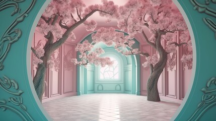 an image depicting a chamber with pink trees inside of it Generative AI