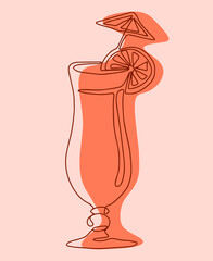 Abstract coctail illustration poster with summer colors. Continuous outline line on colored flat background for social media, postcards, print.
