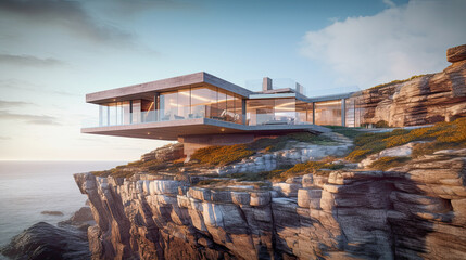 generative ai illustration of a modern house on the edge of a cliff