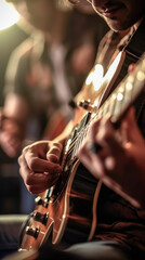 Obraz premium An illustration of a musician playing guitar with a blurry environment, creating a musical atmosphere. Generative AI