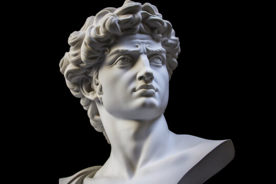 Gypsum statue of David's head on dark background - Michelangelo's iconic creation in plaster copy, generative AI