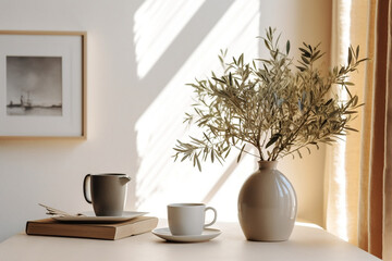 Olive tree branches in beige textured vase. Brown cup of coffee, tea and old books on wooden table. White wall background. Minimalistic Scandinavian interior, dinning room. Summer breakfast