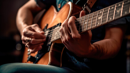 Obraz premium An illustration of a musician playing guitar with a blurry environment, creating a musical atmosphere. Generative AI