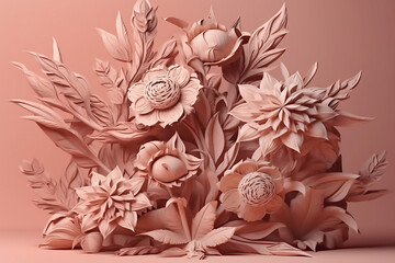 Composition of peach artificial flowers on a peach background. Generative AI