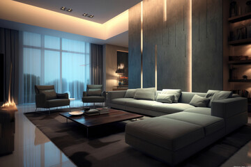 Living room with large glass windows and led lights by night. Ai generated.