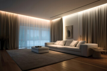 Living room with large glass windows and led lights by night. Ai generated.