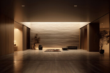 The minimalistic interior is transformed at night with the use of LED lights. Ai generated.