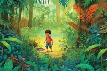 AI Generated story book page of boy adventures into a lush jungle background