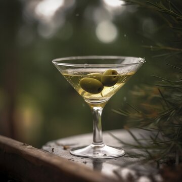 A martini cocktail on a table outdoors. Generative AI. 
