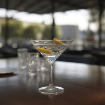 A martini cocktail on a table outdoors. Generative AI. 