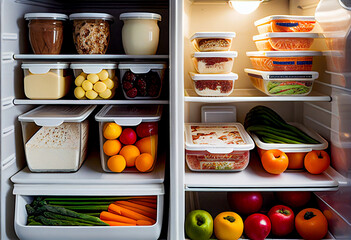 A fridge full of fruits and vegetables in meal prep containers. Generative ai