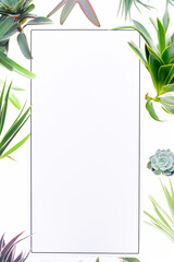 Blank white notecard on plant background, generative ai