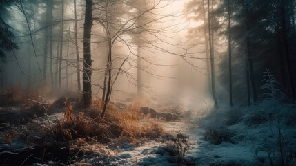 Fototapeta premium An illustration of a snow-covered forest with haze and fog, creating a magical atmosphere. Generative AI