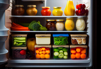 A fridge packed full of colourful fruit and vegetables in containers. Meal prep. Generative ai