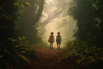 Naklejka na ściany i meble AI Generated two kids Feeling the magical atmosphere as they enter forest background