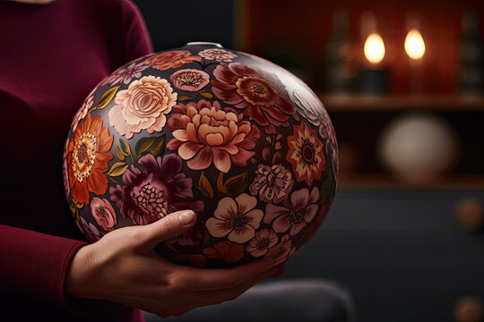 a woman holding a ball with flowers painted on it in the shape of a sphere, which can be used as an orname. Generative Ai