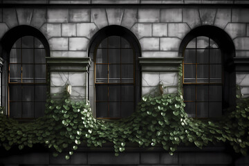 Fototapeta na wymiar Grayscale Arched Windows overgrown with Green Ivy Vines (Generative AI)
