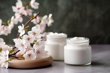 Fototapeta na wymiar Organic Beauty: Cherry Blossom Eco Cosmetics in Open Jars, generative AI