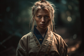 A fictional person, woman in a kimono with blue eyes stands in a dark forest.