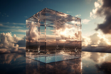 A glass cube with clouds and the sky in the background
