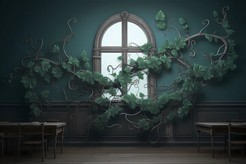 Window obscured with ivy vine, indoors (Generative AI)