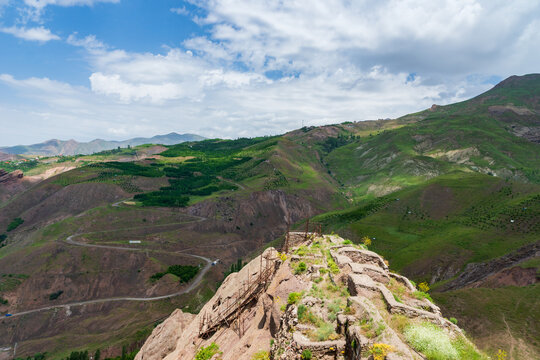 Alamut Castle view in the Alamut mountain in Iran. Alamut was a mountain fortress located in Alamut region in the South Caspian province of Daylam near the Rudbar region in Iran