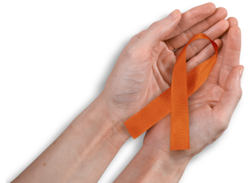 Orange Ribbon in Woman's Hands, ADHD, Leukemia, Kidney Disease Awareness Concept, Isolated