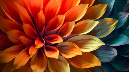 Macro Flower Wallpaper Graphic, Petals in Orange and Yellow and Blue (Generative AI)