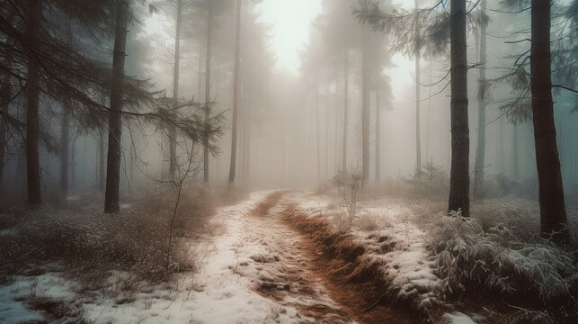 An illustration of a snow-covered forest with haze and fog, creating a magical atmosphere. Generative AI