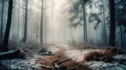 An illustration of a snow-covered forest with haze and fog, creating a magical atmosphere. Generative AI