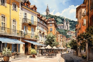 Fototapeta na wymiar Watercolor European town street. Generative AI