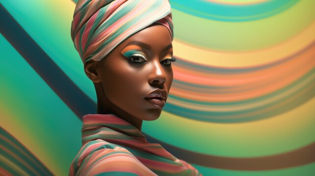 Fototapeta Young african female model posing with trendy fashion outfit and colorful pastel mood optical art abstract background. Picturesque generative AI