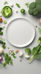 white empty plate in the center fresh green vegan, ceramic white plates for restaurants, ai generation