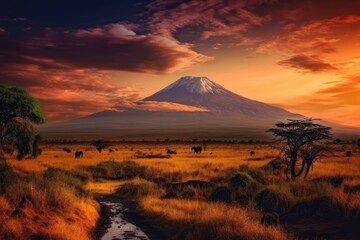 Sunset at mountain Kilimanjaro Tanzania and Kenya, travel summer holiday vacation idea concept. Generative AI.