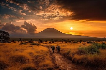 Sunset at mountain Kilimanjaro Tanzania and Kenya, travel summer holiday vacation idea concept. Generative AI.