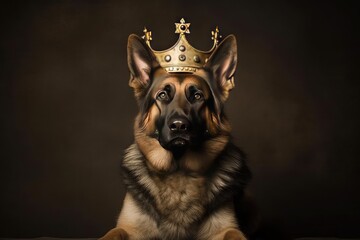 German Shepherd with a King Crown. Generative AI.