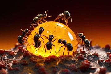 Black ants eating honey drop. Concept of teamwork or hardworking or unity. Generative AI.