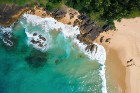 Aerial view of a beautiful tropical beach with turquoise ocean water and sand Generative AI