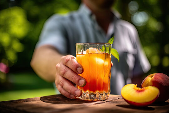 someone holding a glass of peach juice with an apple on the table in the background is blurred and blurry. Generative Ai