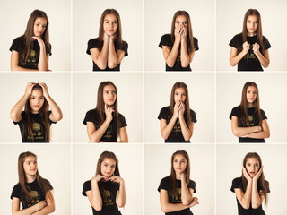 Collage set of shots with different facial expressions teen girl posing at white background,...
