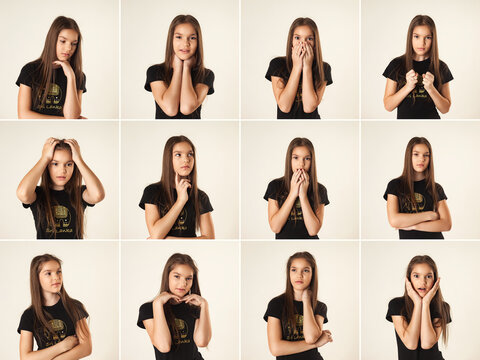 Collage set of shots with different facial expressions teen girl posing at white background, showing emotions. Emotional lovely teenager on blank studio wall. Childhood emotion concept. Copy ad space