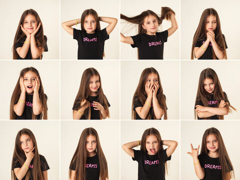 Collage set of shots with diverse facial expressions little girl, showing emotions. Emotional pretty kid child posing at white background on blank studio wall. Childhood emotion concept. Copy ad space