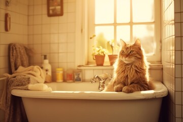 AI Generated a cute cat lying on bathroom some light with a background
