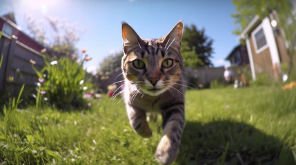 A grey stripe domestic house cat looking and walking towards the camera at the backyard ground level camera blur nature background and bright sunny day. Generative AI technology.