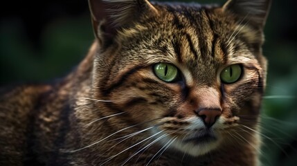 A portrait of grey stripe domestic pet house cat with green eyes and on guard face staring at something blur background. Generative AI technology.