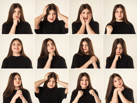 Collage set of shots with different facial expressions teen girl, showing emotions. Emotional pretty teenager posing at white background on blank studio wall. Childhood emotion concept. Copy ad space