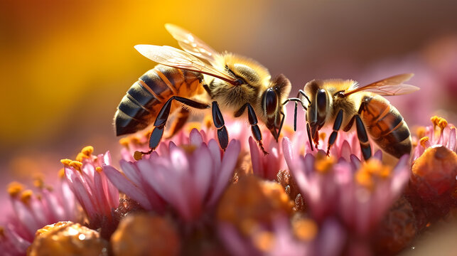 Close up de una hermosa abeja polinizando una flor rosa en primavera mientras vuela alrededor