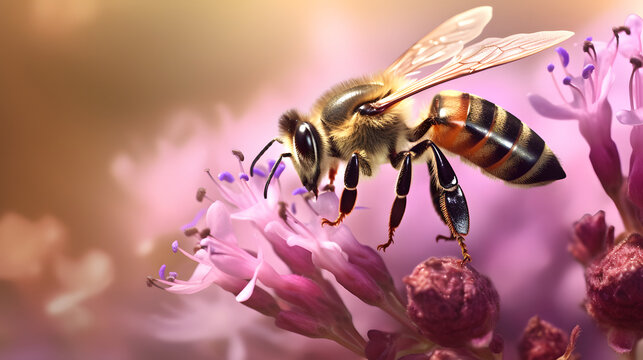 Close up de una hermosa abeja polinizando una flor rosa en primavera mientras vuela alrededor